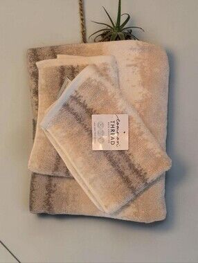 SET OF 3 New Common Thread Hand Towels Set Abstract Ikat Beige Gray White Ombre